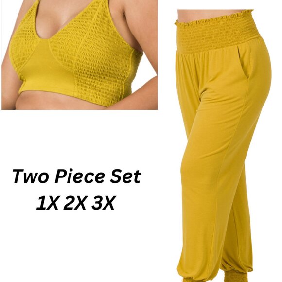 #401 PLUS HIGH-WAISTED SMOCKED LOUNGE JOGGER PANTS SET - Picture 1 of 6